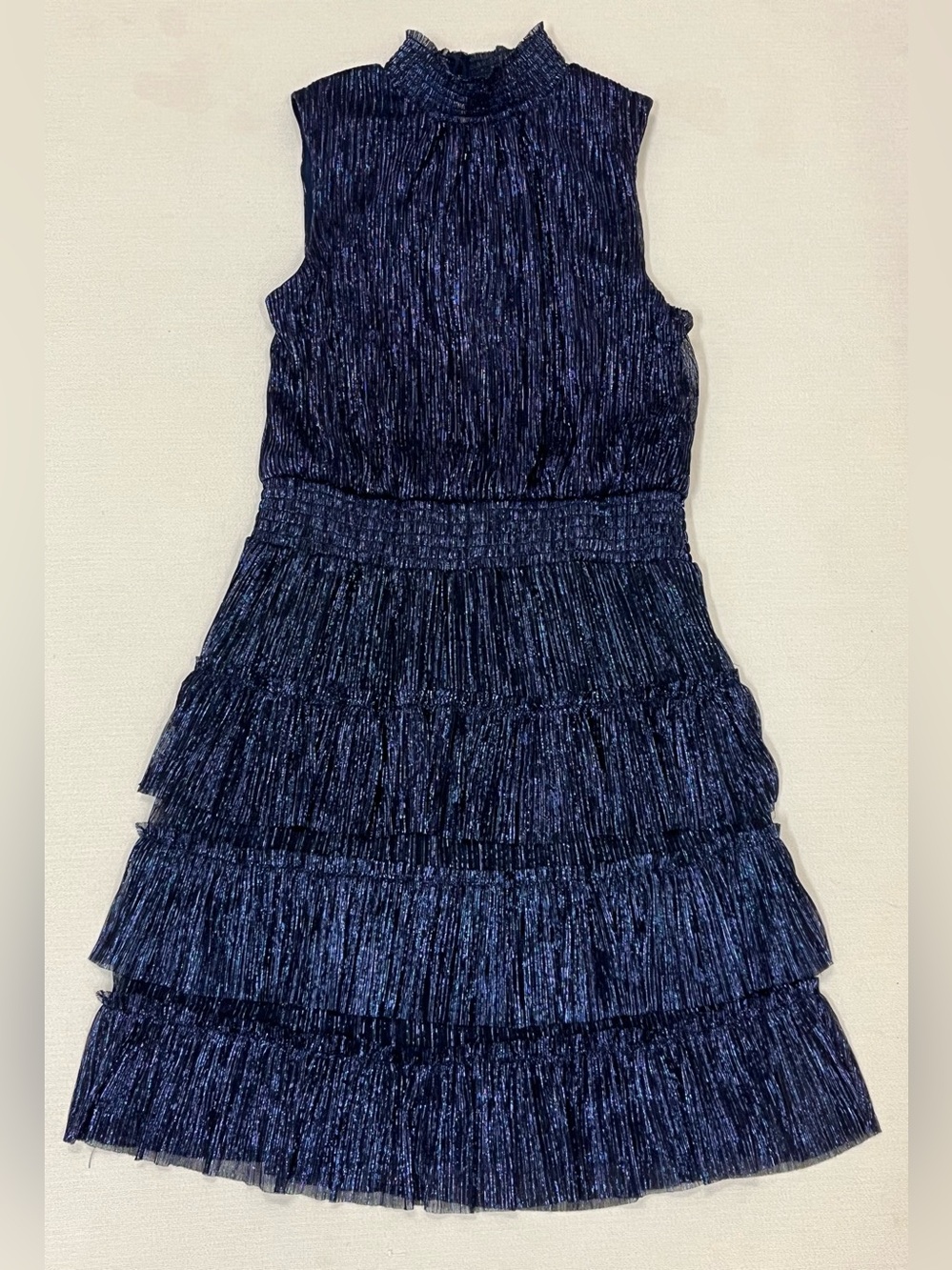 Sam and Jess Womens Blue Metallic DRESS Smocked Tiered Sleeveless - S